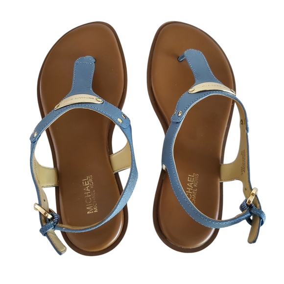 MICHAEL Michael Kors Blue Leather Gold Logo Plate Strappy Thong Sandal Women's 6 - Picture 3 of 11